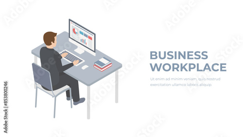 Office workplace. Businessman looking at the laptop screen. Man working at the computer. Flat 3d vector isometric illustration
