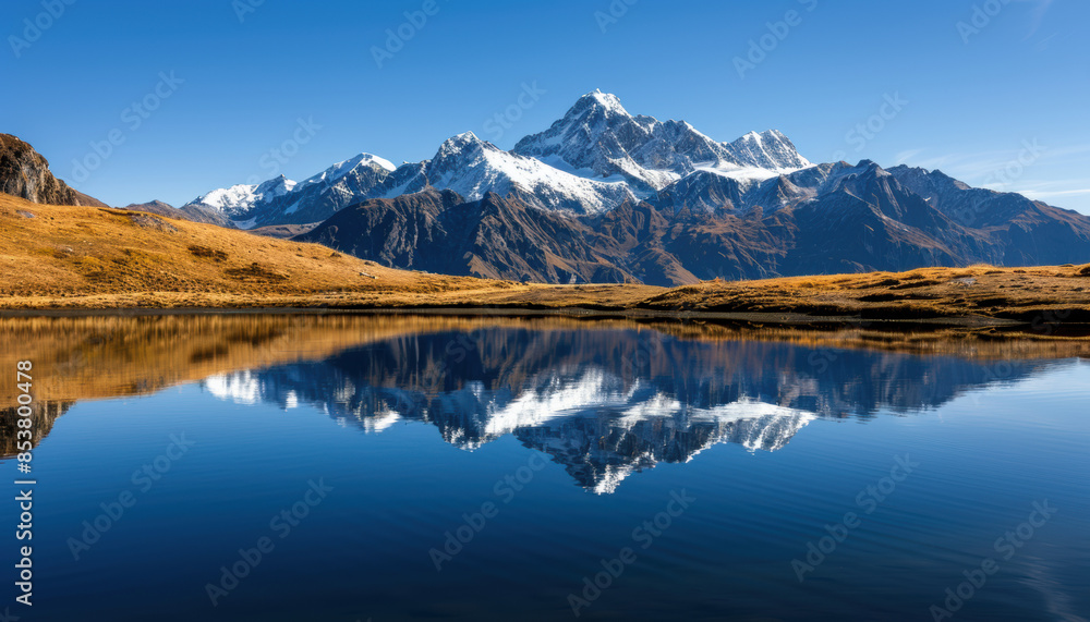 A mountain range is reflected in a lake A mountain range is reflected in a lake