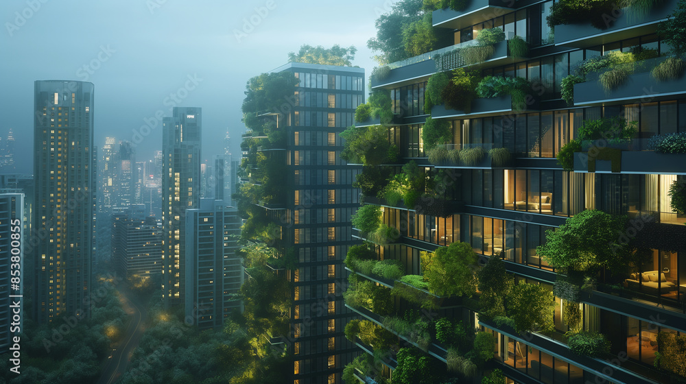 Obraz premium Vertical Gardens in a Modern Urban Landscape at Dusk. Generative AI