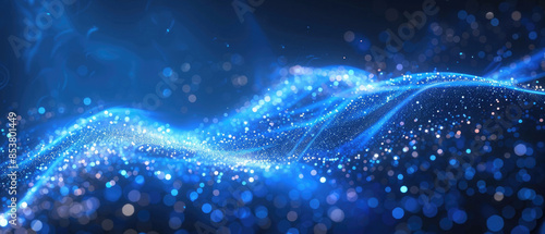 abstract effect of technology motion lines curve path lighting with shiny sparkling dust blue wide gradient background