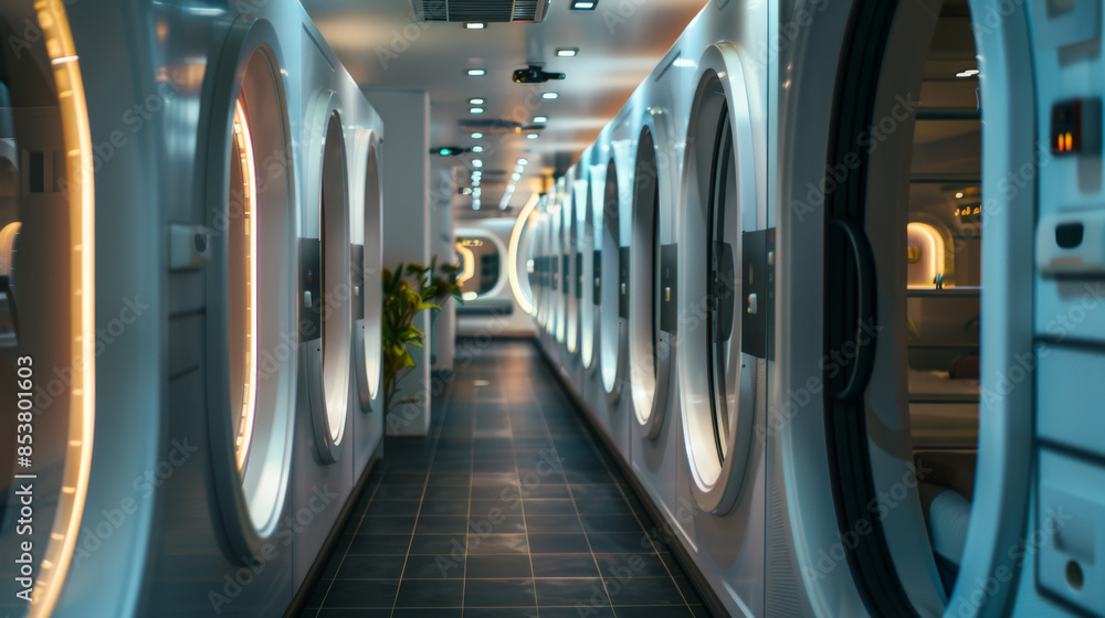 Obraz premium A long, illuminated corridor filled with futuristic pods, designed for individual rest or work, exuding a sleek and modern aesthetic, reminiscent of a space station.