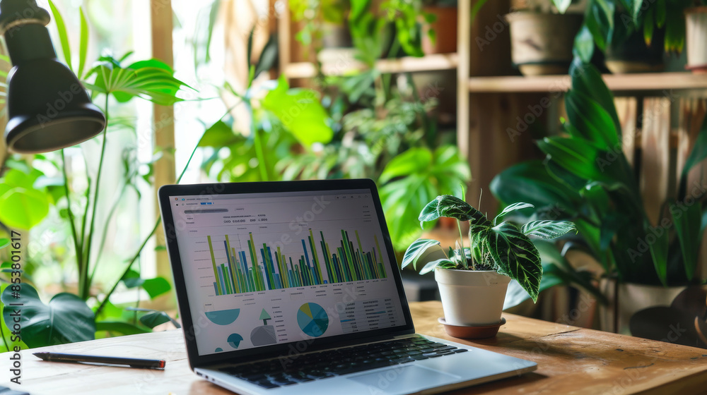 A laptop on a wooden desk, surrounded by vibrant green plants, displays analytical graphs in a well-lit, nature-integrated office space. A laptop on a wooden desk, surrounded by vibrant green plants, displays analytical graphs in a well-lit, nature-integrated office space.