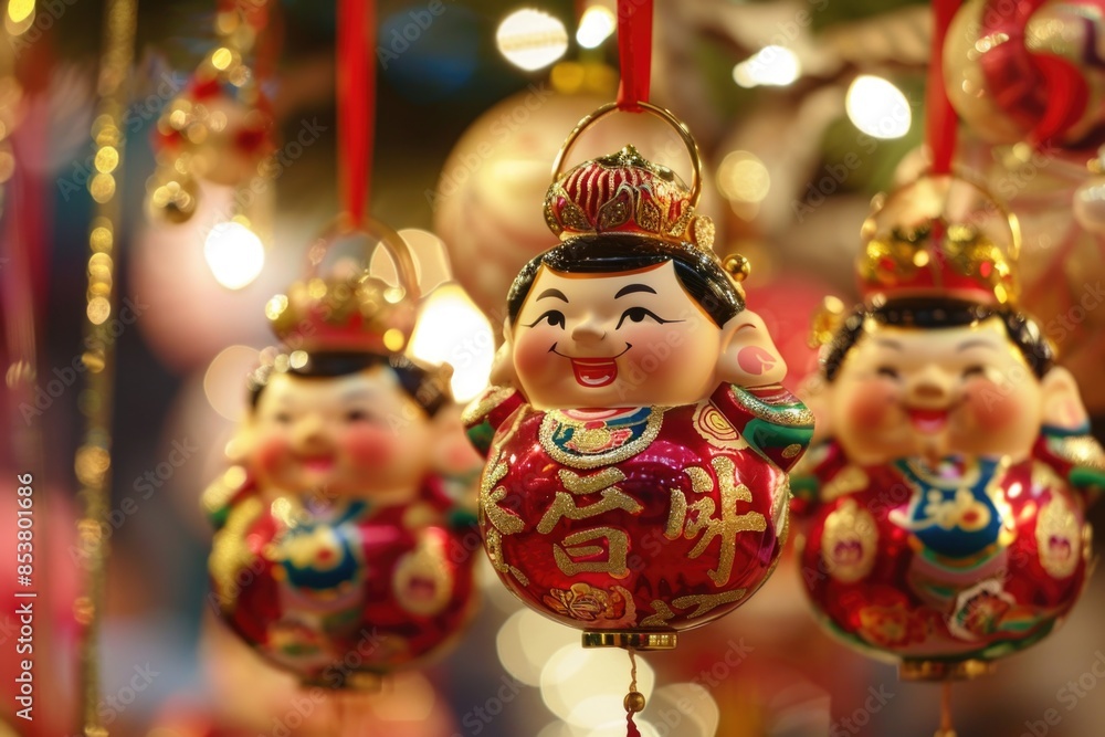 Three red and gold figurines with smiling faces