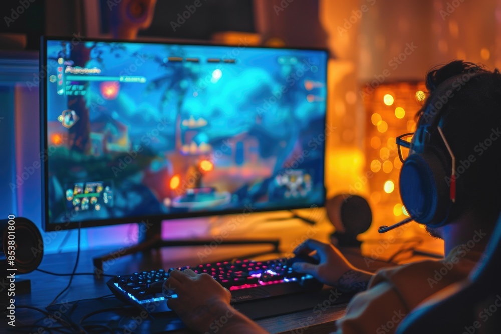 A man is playing a video game on a computer monitor A man is playing a video game on a computer monitor