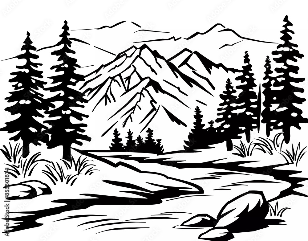 simple vector black and white drawing of a river in the mountains, with pine trees, done in a simple style.