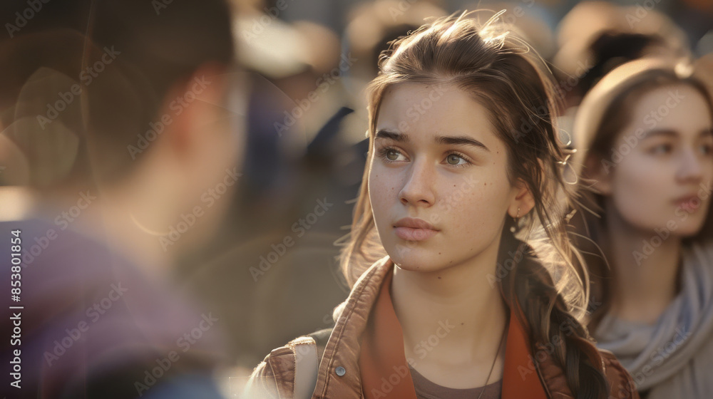 Fototapeta premium A young woman with a scarf stands still in a crowded scene, her serious expression conveying deep thought amidst a bustling city backdrop.