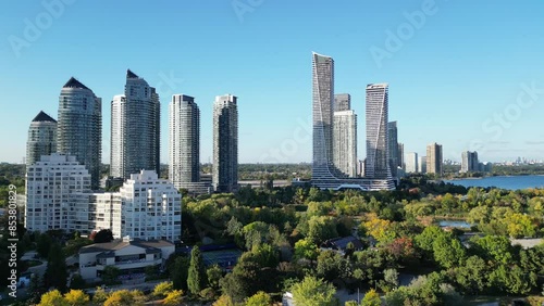 Aerial drone footage of highrise buildings in Humber Bay Etobicoke Toronto Canada on a sunny day with blue sky