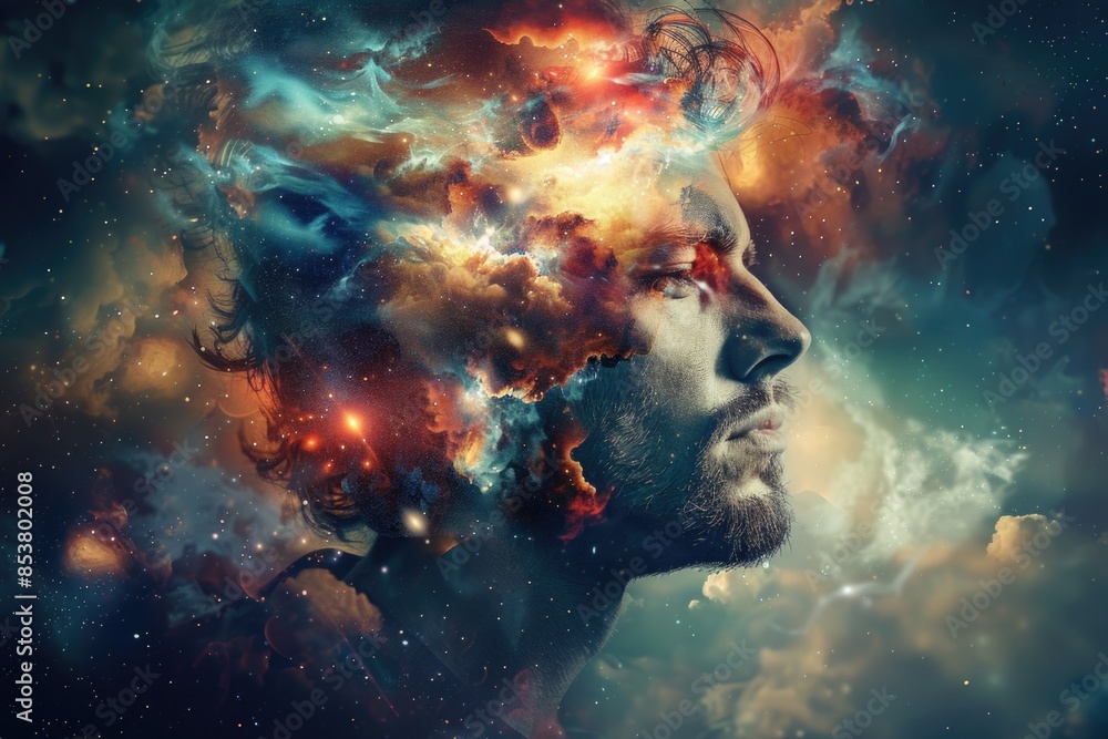 A man's face is shown in a colorful, abstract space with clouds and stars A man's face is shown in a colorful, abstract space with clouds and stars