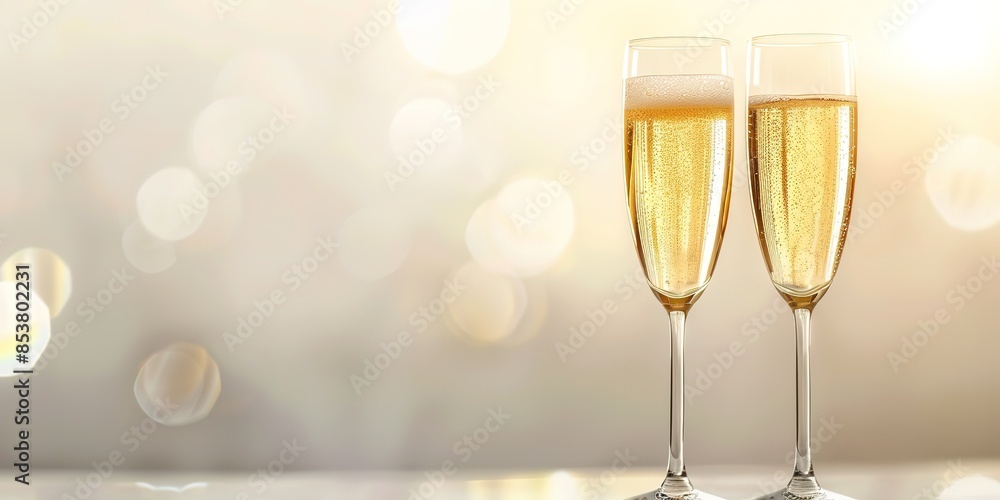 Two champagne glasses against a blurred background with warm light. Two champagne glasses against a blurred background with warm light.