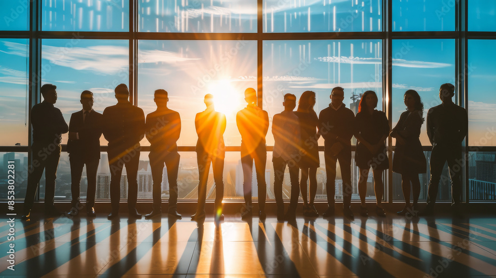 A group of business professionals stand together in a top-floor office, backlit by the soft glow of the setting sun, discussing ambitious projects. A group of business professionals stand together in a top-floor office, backlit by the soft glow of the setting sun, discussing ambitious projects.