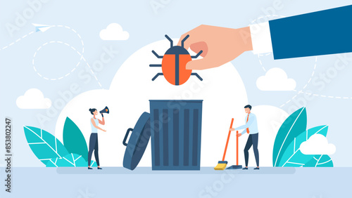 A hand throws a beetle into a trash can. Bug fixing Software As A Service. Software test for effective website development tiny person concept. Bug catching and error checking. Vector illustration