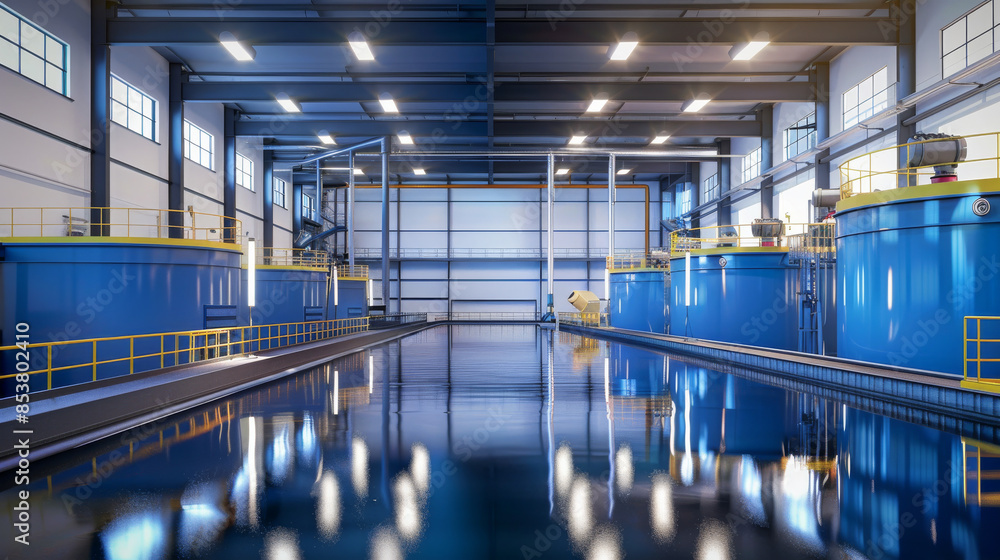 Fototapeta premium Industrial tanks dominate a high-ceilinged, well-lit factory interior with their reflective surfaces creating a mesmerizing visual depth.