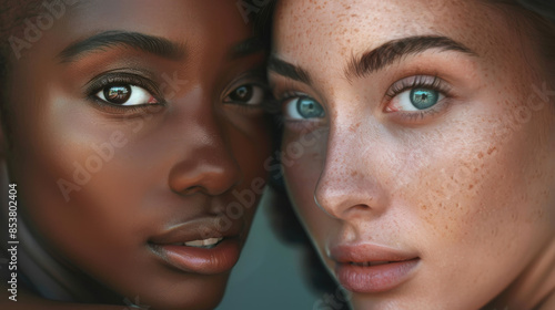 Intimate close-up of two diverse women showcasing unity in diversity.