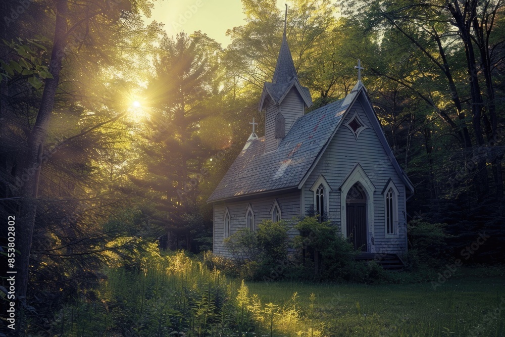 A small white church with a steeple sits in a forest A small white church with a steeple sits in a forest