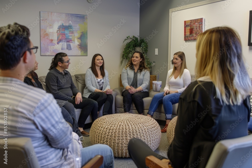 Obraz premium A group of people are sitting in a room and talking to each other