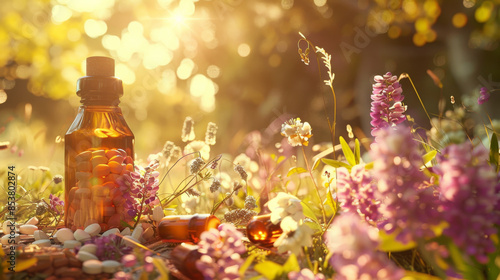 Amber glass bottles with pills nestled among blooming flowers in radiant sunlight, symbolizing the blend of natural remedies and modern medicine.