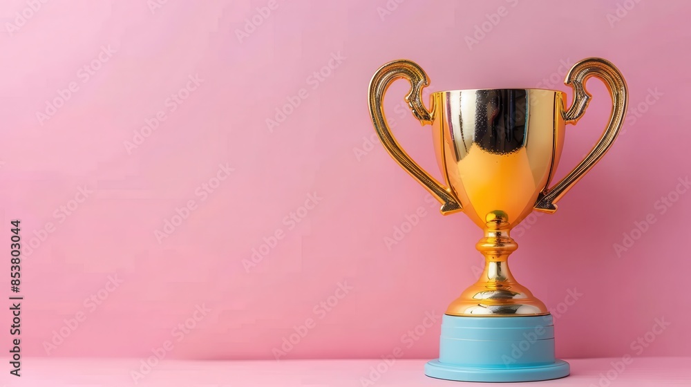 Shiny gold trophy cup with blue pedestal showcasing victory and excellence, against a subtle pink background Shiny gold trophy cup with blue pedestal showcasing victory and excellence, against a subtle pink background