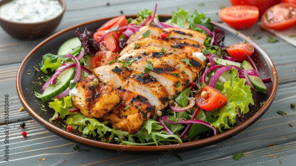 A health-focused meal featuring grilled chicken on a bed of mixed leafy greens, complemented by colorful vegetables A health-focused meal featuring grilled chicken on a bed of mixed leafy greens, complemented by colorful vegetables