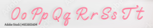 3D Pink Script Set Uppercase and Lowercase Letter O,P,Q,R,S,T on light background. Cute Cursive Bubble typography symbol vector illustration.