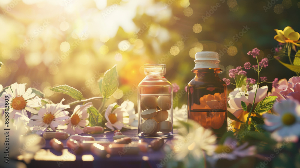 Bottles of medicine and supplements surrounded by wildflowers in warm, golden sunlight, showcasing the harmony between natural and traditional remedies. Bottles of medicine and supplements surrounded by wildflowers in warm, golden sunlight, showcasing the harmony between natural and traditional remedies.