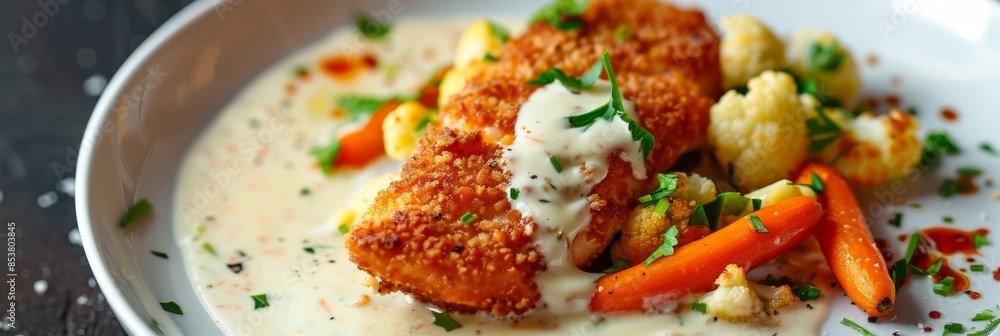Breaded Salmon, Trout Fillet in Cream Sauce, Red Fish Meat with Cauliflower and Carrots Closeup Breaded Salmon, Trout Fillet in Cream Sauce, Red Fish Meat with Cauliflower and Carrots Closeup