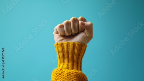 A person's fist is raised in the air with a yellow sweater on