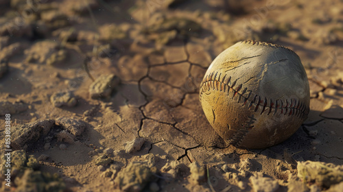 A worn baseball rests on cracked, dry earth, telling stories of countless games and memories.