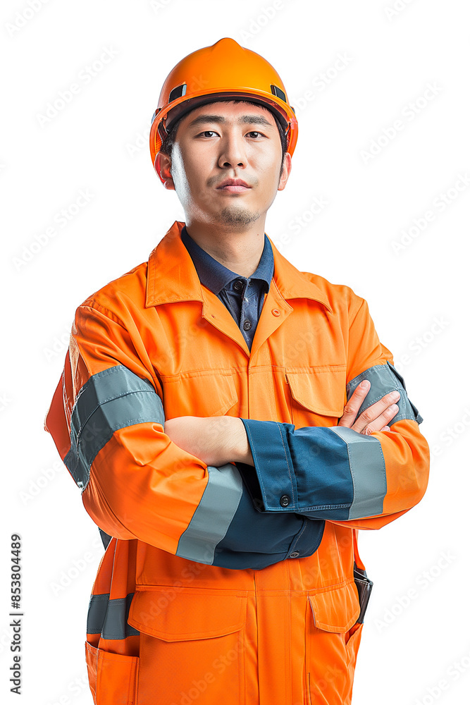 A man in an orange safety suit is standing with his arms crossed A man in an orange safety suit is standing with his arms crossed