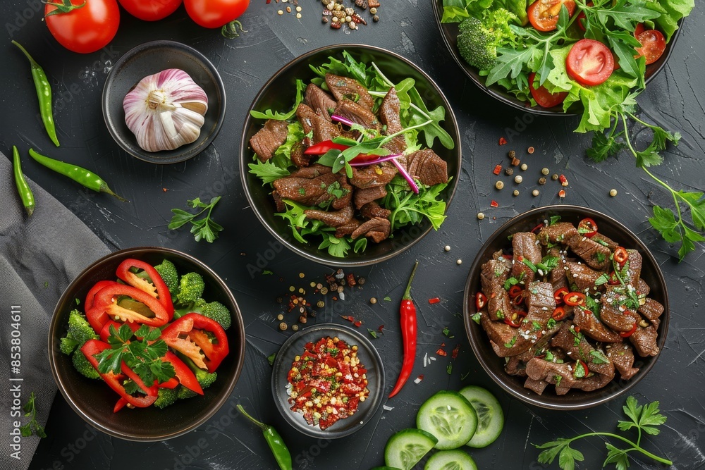 Spicy Salads Set, Salat Collection with Beef Meat and Vegetables Salats Top View, Restaurant Buffet Menu Spicy Salads Set, Salat Collection with Beef Meat and Vegetables Salats Top View, Restaurant Buffet Menu