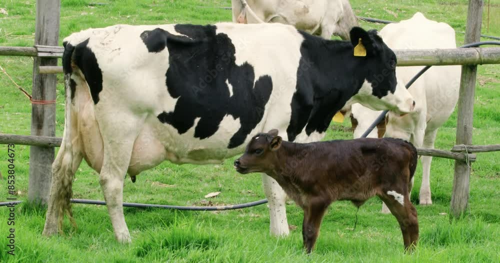 Black and white cows with small brown calf in a grassy farm in slow-motion. Black and white cows with small brown calf in a grassy farm in slow-motion.
