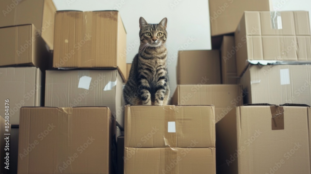 Fototapeta premium A cat perched on top of a tall stack of cardboard boxes, surveying its surroundings with a playful expression.
