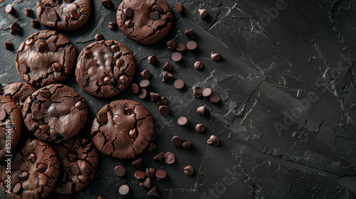 An array of dark chocolate cookies with shiny surfaces and scattered chocolate chunks lies artistically on a textured, slate-gray background, tempting and rich. photo