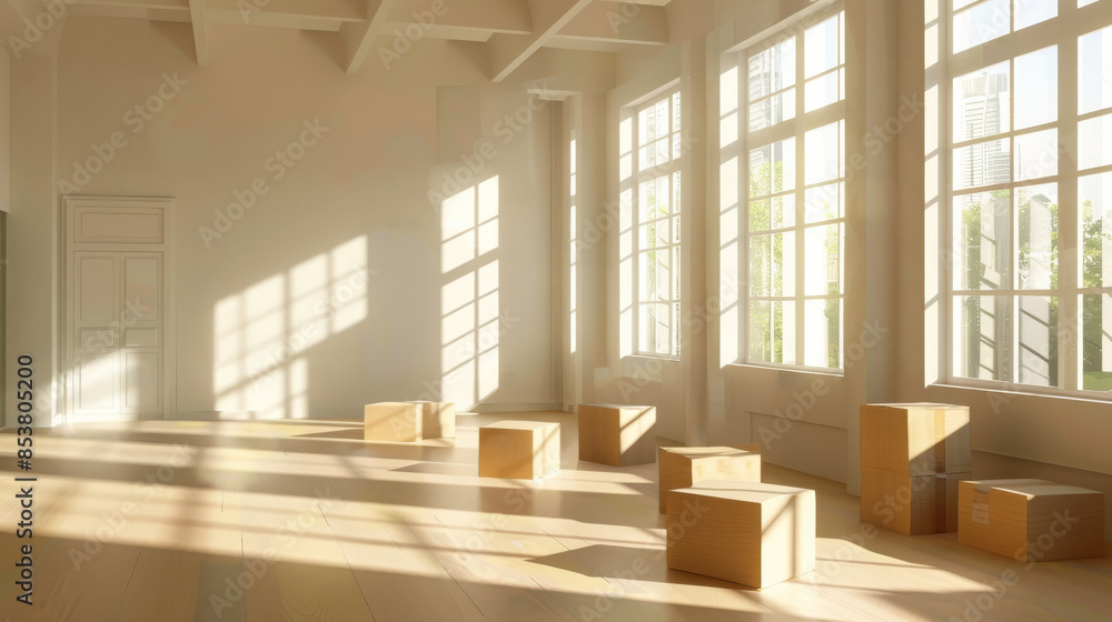 Sunlit empty room with shadows and scattered wooden boxes. Sunlit empty room with shadows and scattered wooden boxes.