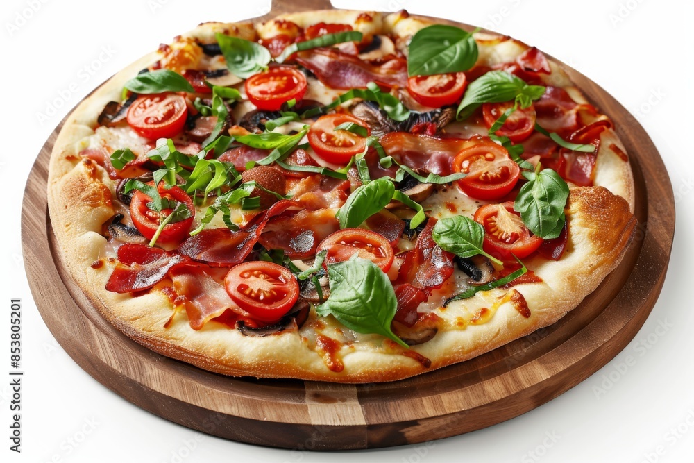 Canadian Pizza or Regina with Bacon, Tomatoes, Boletus Mushrooms, Fresh Basil, Tomato Sauce Canadian Pizza or Regina with Bacon, Tomatoes, Boletus Mushrooms, Fresh Basil, Tomato Sauce