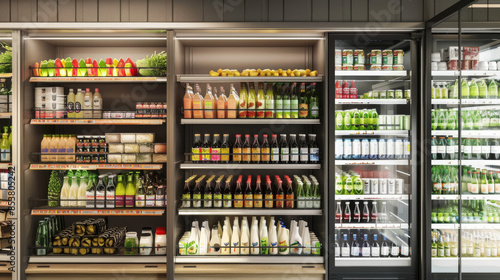 Wallpaper Mural A well-lit supermarket aisle brimming with a wide array of fresh produce, dairy products, beverages, and pantry items, offering diverse options to shoppers. Torontodigital.ca