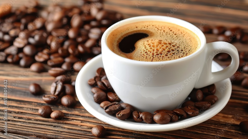 A close-up view of a white cup of black coffee surrounded by whole coffee beans on a wooden surface A close-up view of a white cup of black coffee surrounded by whole coffee beans on a wooden surface