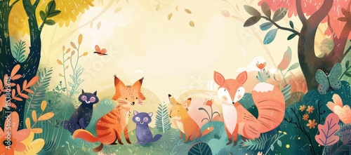 Aquarelle illustration of cute animals in the forest.