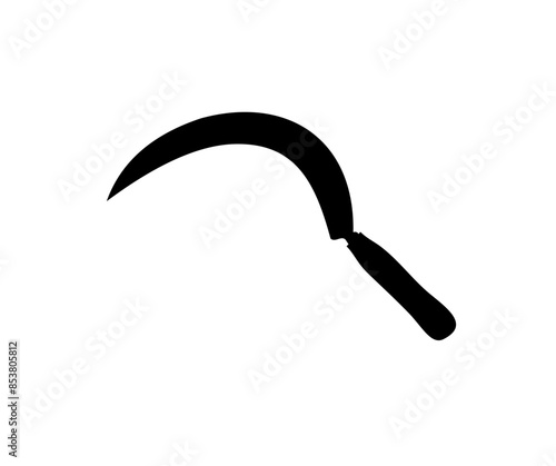 Sickle with wooden handle black icon. Agricultural tool, use for getting rid of grass or weeds in paddy field or gardens, use for harvesting rice or other purpose vector design and illustration.
