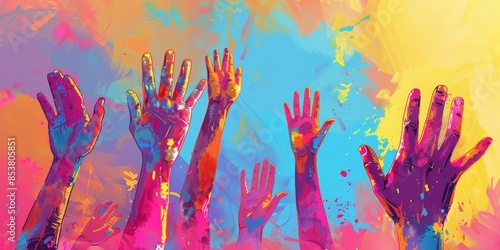 Colorful hands raised in the air.