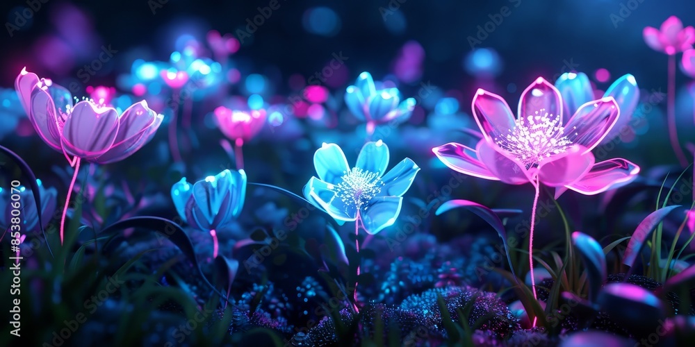 Glowing flowers in a dark magical forest at night. Glowing flowers in a dark magical forest at night.