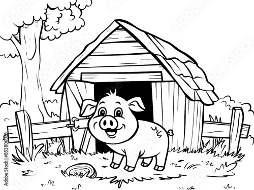 Children picture, coloring book. Barn in an agricultural yard with a pig. Generative ai vector.