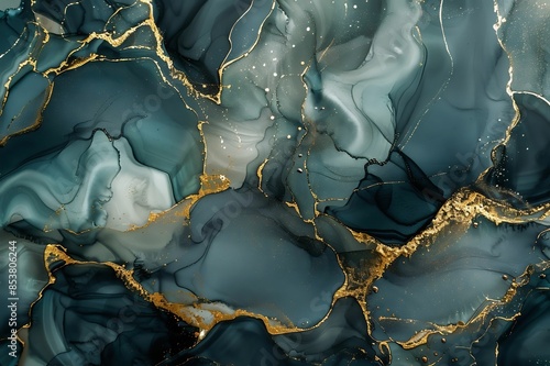 Abstract teal and gold marble background with glittery black flowing liquid shapes. Created with alcohol ink, this design features intricate and fluid patterns in the style of flowing liquid shapes.
