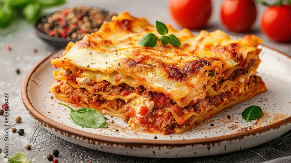 Close-up of a delicious lasagna dish with melted cheese and tomato sauce Close-up of a delicious lasagna dish with melted cheese and tomato sauce