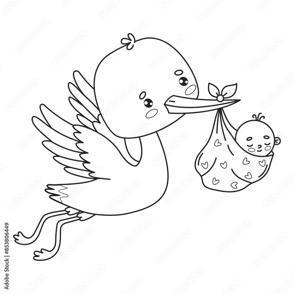 Cute flying stork with newborn baby boy. Outline cartoon kawaii bird