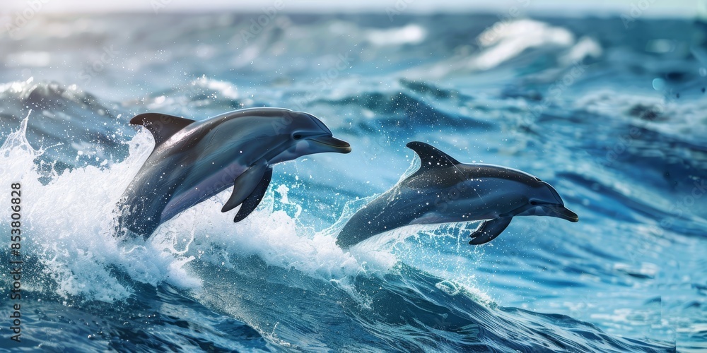 Fototapeta premium Two dolphins jumping out of the water.