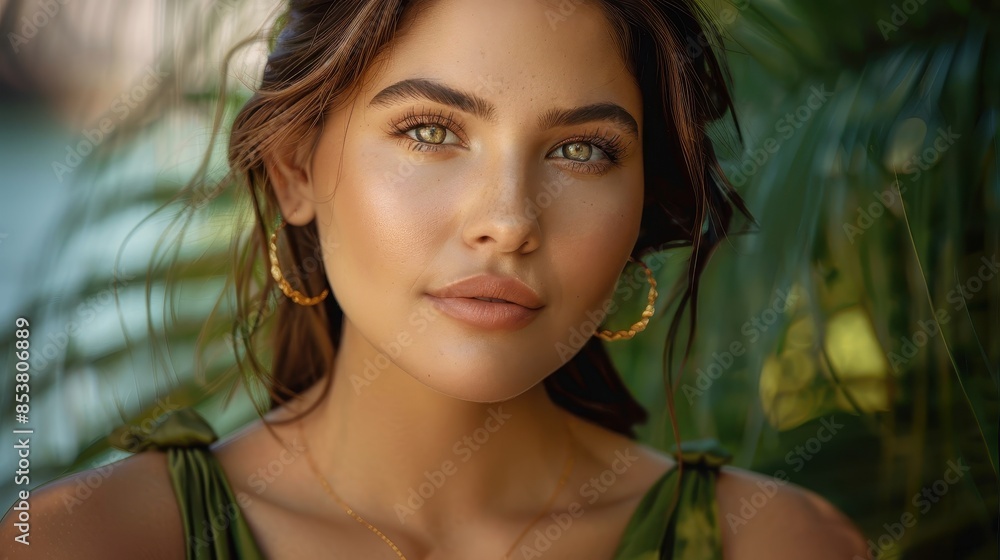 A fresh-faced young woman adorned with hoop earrings stands among tropical plants, radiating natural elegance