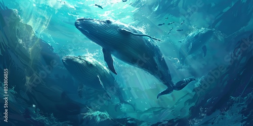 Underwater scene with two whales. photo