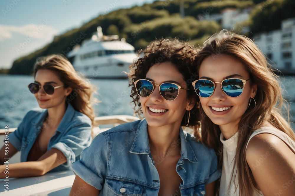 Three Stylish Women Enjoying a Boat Ride on a Sunny Day with Scenic Water and Yacht in Background Three Stylish Women Enjoying a Boat Ride on a Sunny Day with Scenic Water and Yacht in Background