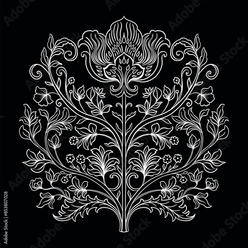 Mughal Art is a traditional bunch flower of floral ornaments. A line motif on a light background, isolated element. Fantasy traditional bouquet.