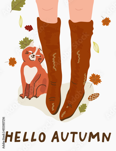 Vertical Happy Thanksgiving card with illustration of women's feet in boots , top view, cat petting, cozy fall atmosphere, leaves falling. Vector hand drawn illustration.